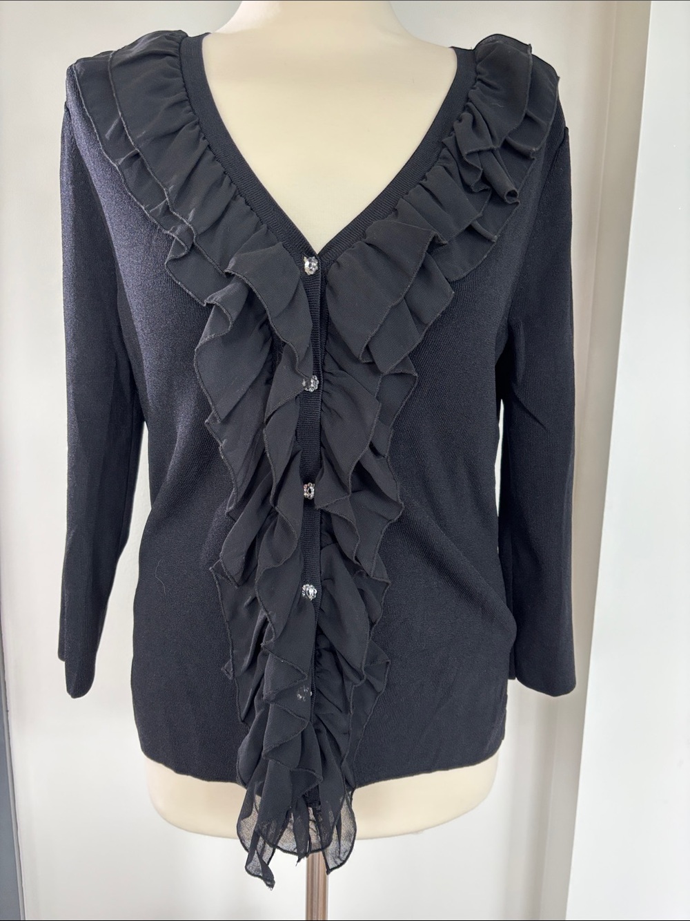 Cable & Gauge Black Ruffle Front Cardigan